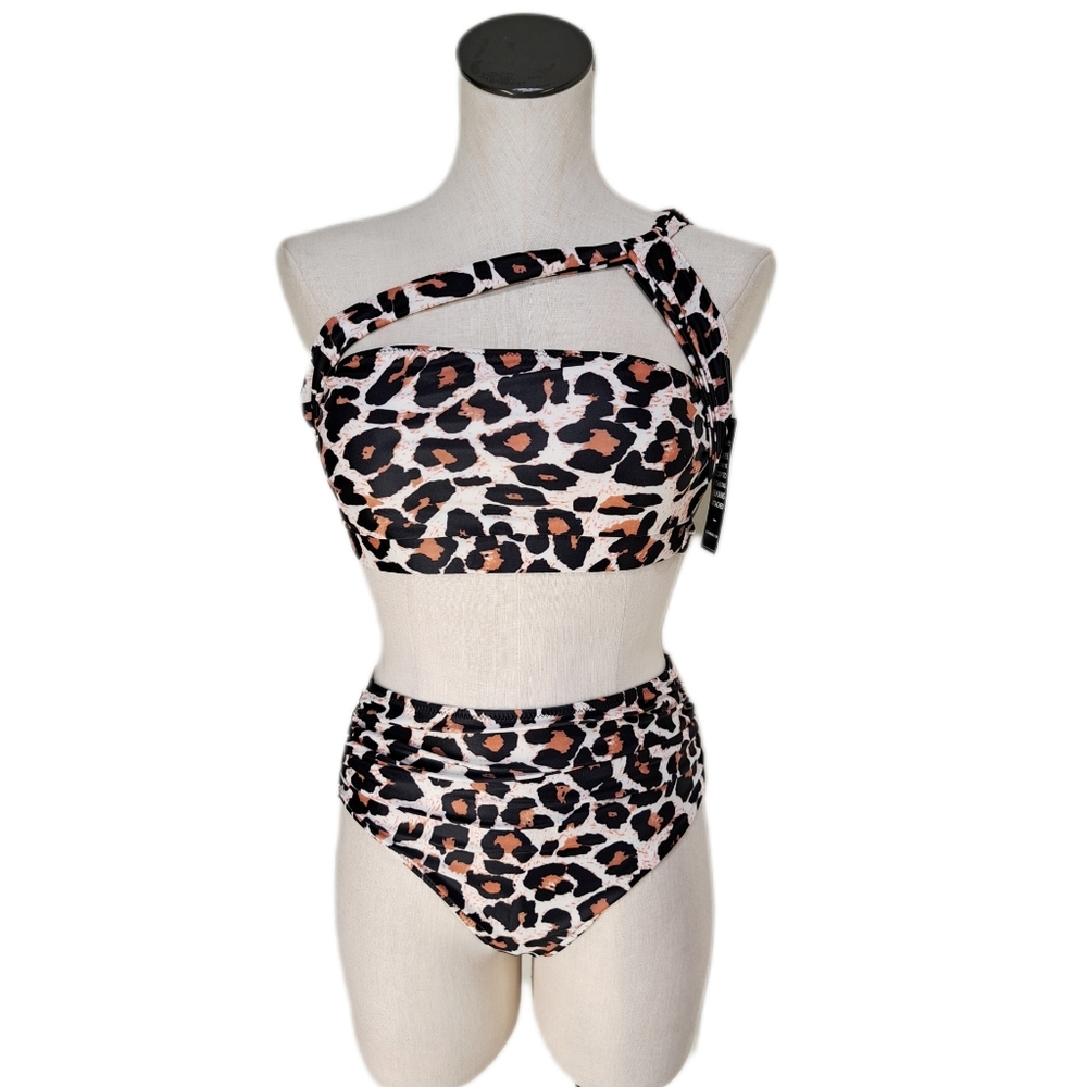 Blooming Jelly Womens One Shoulder Leopard Print High Waist Bikini Size M